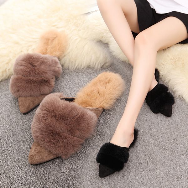 womens fur slippers winter shoes cute cotton short plush flat slippers slip-on casual shoes indoor autumn women terlik, Black
